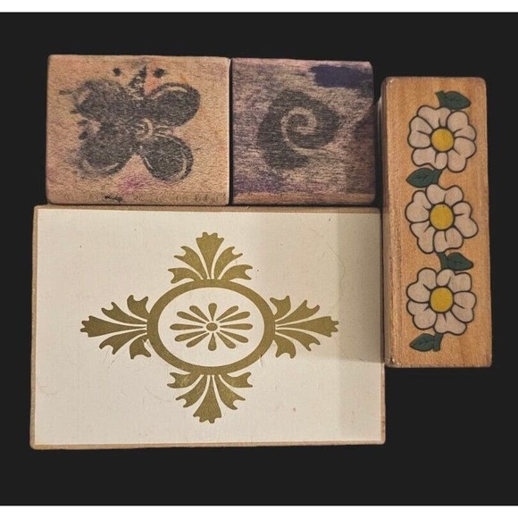 Stamps Wood Mounted Rubber Uptown Flower Swirl Flower Row Leafy Art 4pc Lot - Picture 1 of 7